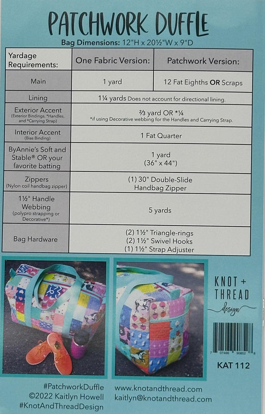 Patchwork Duffle 2nd Ed- by Knot + Thread Design- FQ Friendly-Paper Pattern- KAT112- Lane to Grace