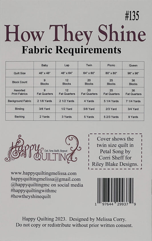 How They Shine by Melissa Corry- FQ Friendly-Paper Pattern- P125Howtheyshine- Lane to Grace