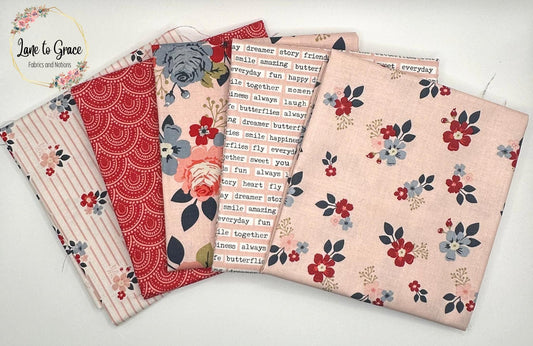 Vintage Charm- Fat Quarter 5PC  Bundle- Riley Blake-Quilting Cotton-Lane to Grace