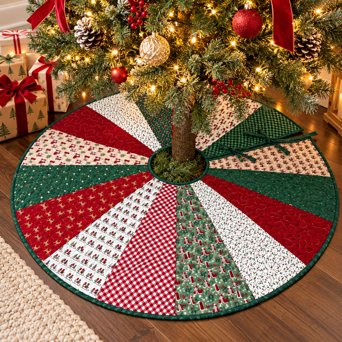 Handmade Quilted Dresden Christmas Tree Skirt - (56 inch)- Vintage Christmas Time